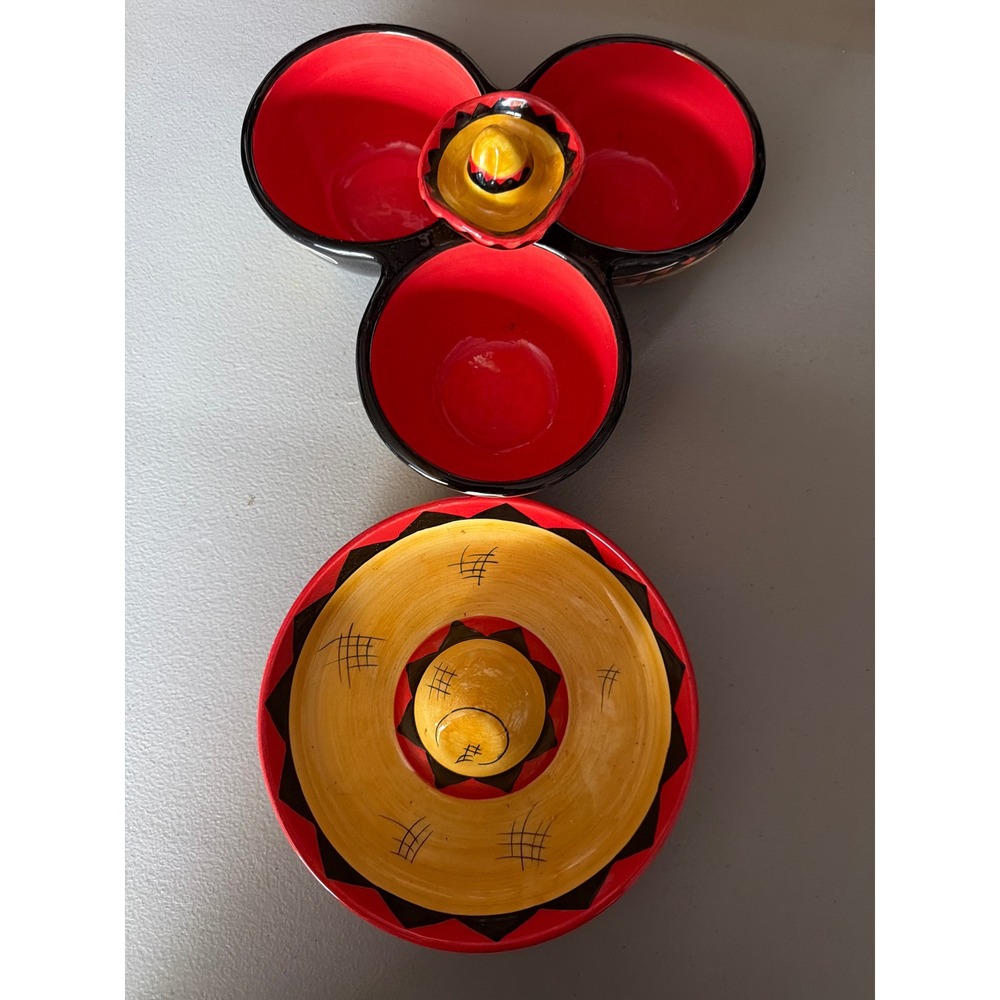 Clay Art Ceramic Sombrero Chip Dip Bowl and 3-Section Salsa Server Set